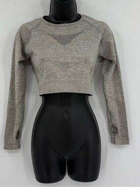 AYBL Motion Seamless Long Sleeve Back Cutout Crop Top | Heather Olive | Large